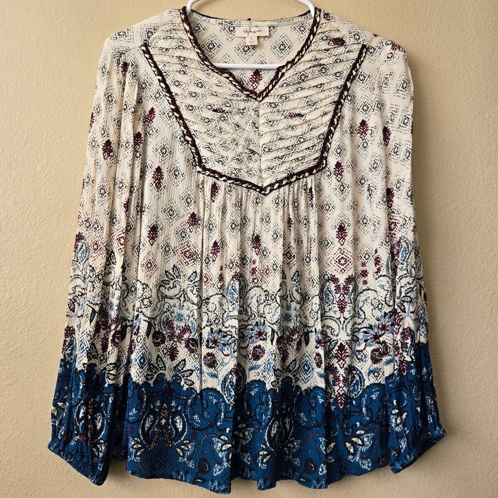 Style & Co. Women's Ivory, Burgundy & Blue Print Long Sleeves Top Size PS Boho